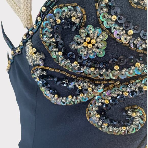 Alyce Designs Beaded Gown Long Teal Strappy Back Zip Closure Size 2 Side Slit - Picture 4 of 9